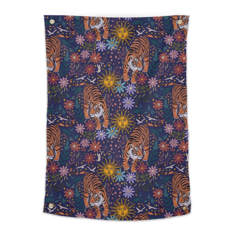 Majestic Tigers and Blooms Tapestry