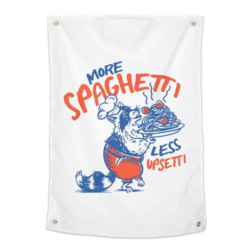 More Spaghetti Less Upsetti - Funny Raccoon Eating Pasta Art Tapestry