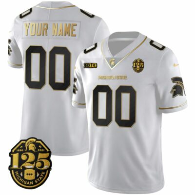 Custom Michigan State Spartans Football Jersey - White Gold - 125th Anniversary Patch - Fully Stitched